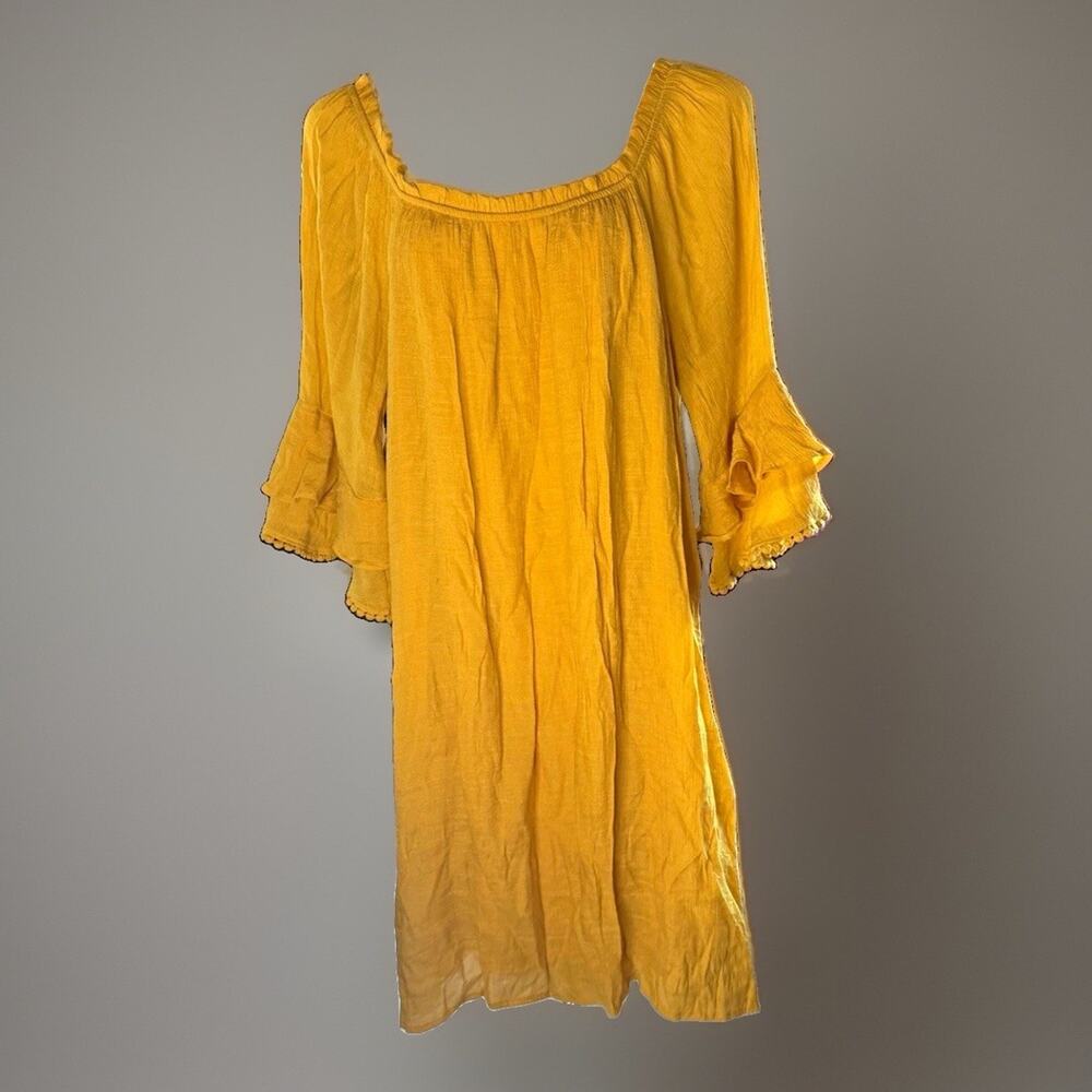 naïf Women’s Petite PM Yellow Solid Sheath Knee Dress Square Neck Ruffle Bell